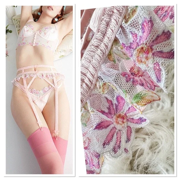 For Love and Lemons Pink Floral April Bloom Garter Belt - Picture 1 of 9
